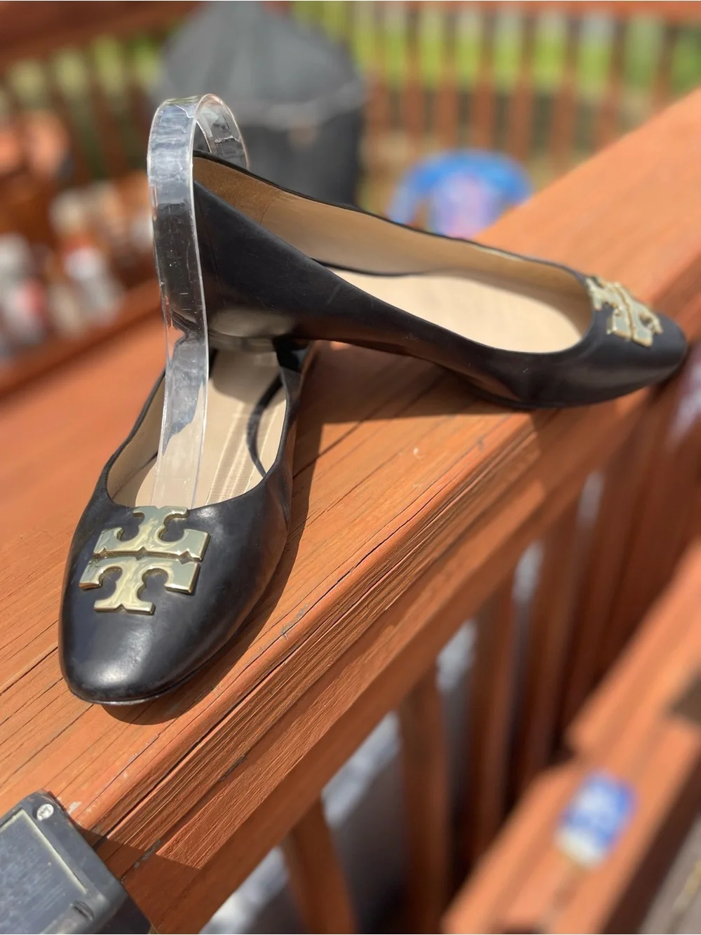 Tory Burch Black Leather Flats with Gold Logo